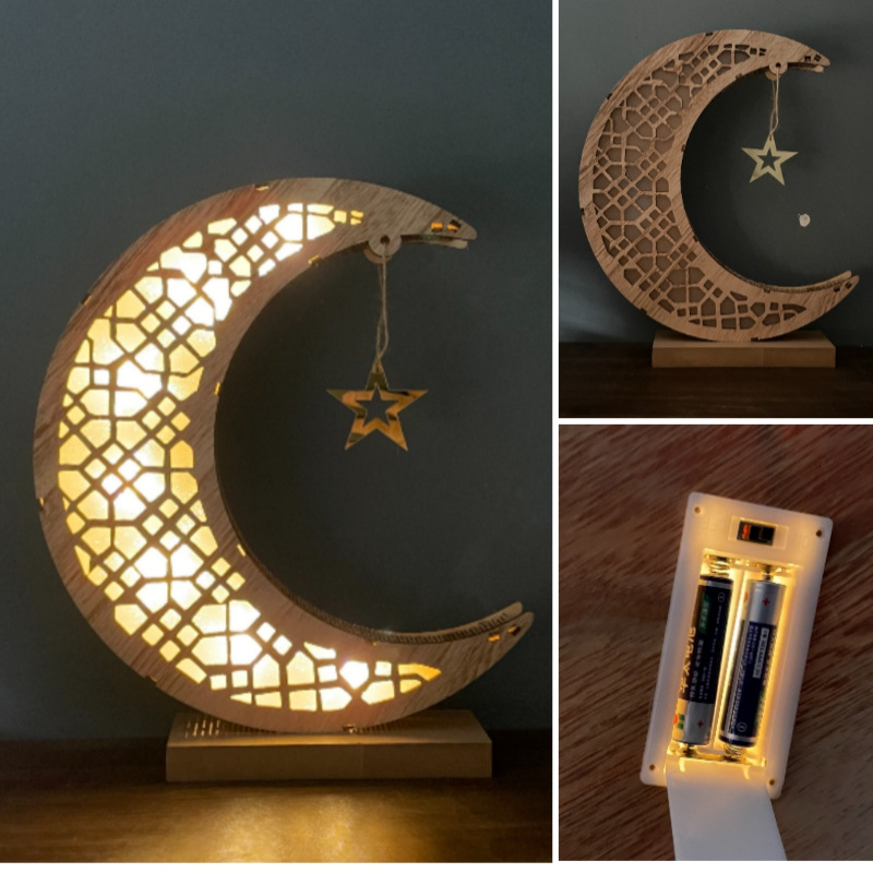 EID Ramadan Mubarak Wooden Craft LED Moon Lamp Hanging Medium LED Moon Light Party Decorations Boxed